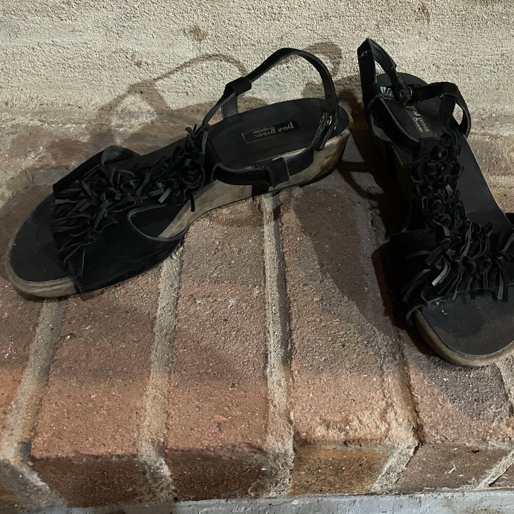 NWOT Like New Paul Green Black Suede Fringe T-Strap Wedge Sandal Size 9
